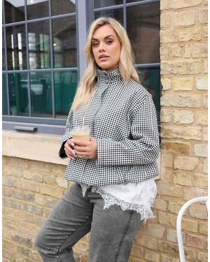 Yours Clothing Gingham Funnel Neck Jacket - Grey
