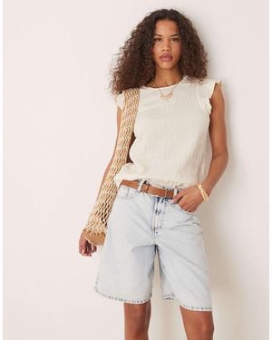 Vila Crinkle Shirred Detail Top With Ruffle Sleeve Detail - Natural