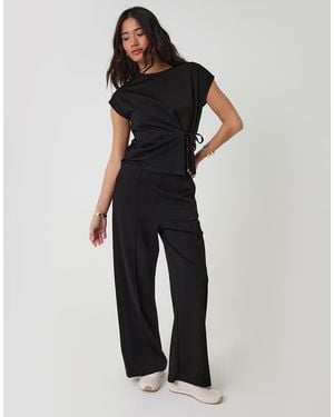 Threadbare Relaxed Fit Tie Top & Wide Leg Trousers Set - Black