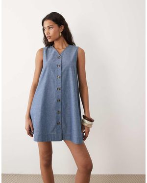 Wednesday's Girl Wednesdays Girl Button Up Chambray Mini Shift Dress - Blue