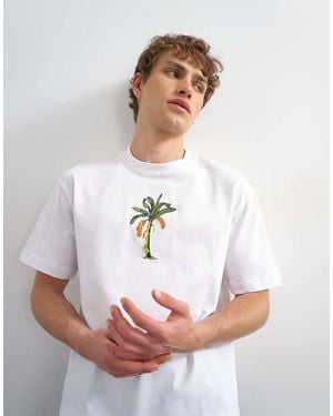 TOPMAN T-Shirt Bianca Taglio Corto Con Palma Ricamata - Bianco