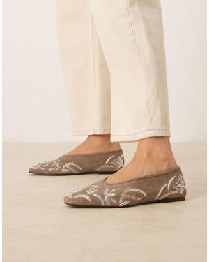 ASOS Lupin Premium Embroidered Chisel Toe Ballet Flats - Natural