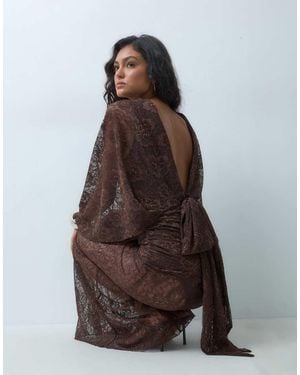 ASOS Lace Flutter Sleeve V Back Maxi Dress - Brown