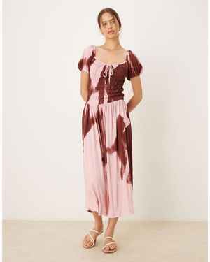 ASOS Crinkle Shirred Waist Milkmaid Puff Sleeve Midi Tea Dress - Pink