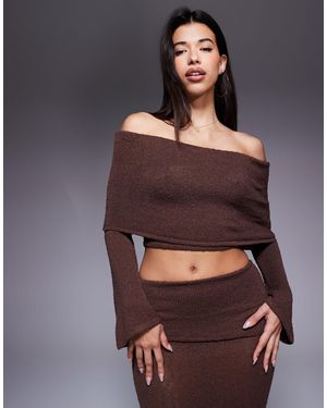 Wanderdoll Yasmin Bardot Boucle Knit Dramatic Foldover Flared Sleeve Top Co-ord - Brown