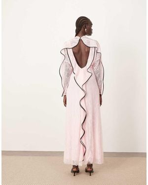 ARRANGE Lace Long Sleeve Maxi Dress With Frill Framed Back And Tipping - Pink