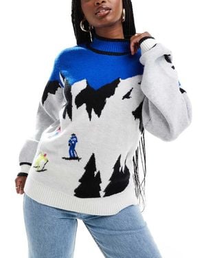 South Beach Funnel Neck Ski Scene Knit Jumper - Blue
