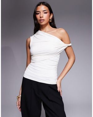 ASOS Polyamide Ruched Twist Side Cut Away Draped Top - White