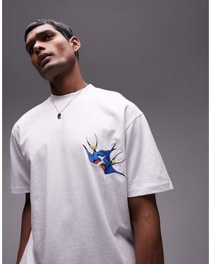 TOPMAN T-Shirt Oversize Bianca Con Ricamo Di Rondine Stile Tatuaggio - Bianco