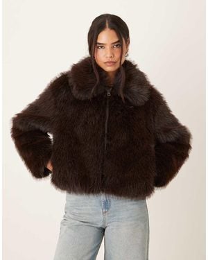 Mango Short Zip Through Faux Fur Jacket - Black