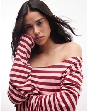 Collusion Long Sleeve Off The Shoulder Stipe Top - Red