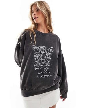 4th & Reckless Sudadera Negra Con Lavado Ácido Y Estampado De Leopardo De -Negro