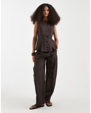 Vero Moda Linen Look Tailored Wide Barrel Trousers Co-ord - Brown