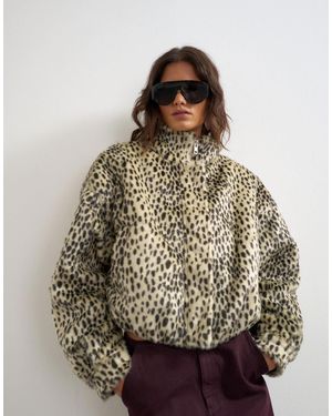 TOPSHOP Bomber en faux-fur à col cheminée, imprimé à pois - Marron