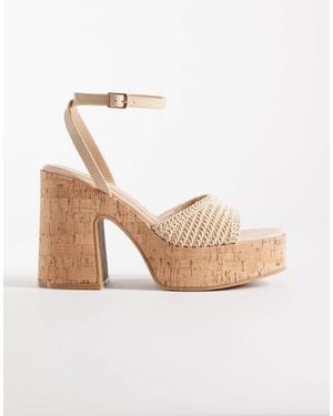 South Beach Crochet Cork Heeled Sandals - Natural