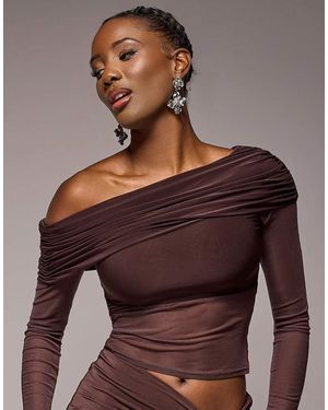 Goddiva Gathered Bardot Asymmetric Mesh Panel Top - Purple