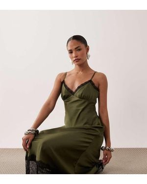 New Look Contrast Lace Trim Strappy Satin Midi Dress - Green