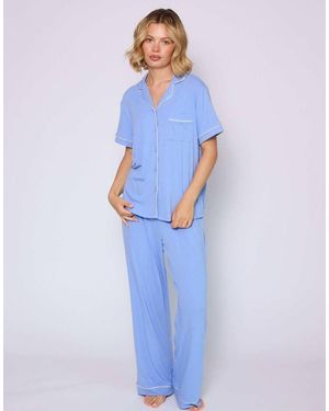 Loungeable Rib Short Sleeve Traditional Shirt And Long Pant - Blue