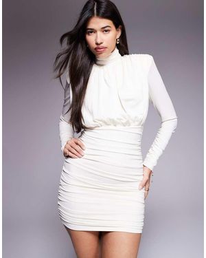 Ruched & Ready Vestido Corto Con Diseño Moldeado, Cuello Alto, Hombreras Y Detalle Drapeado Hourglass De -Blanco - Gris