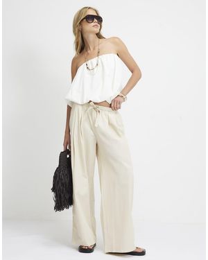 River Island Mid Rise Tie Waist Wide Leg Trousers - Natural