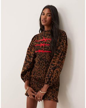 Neon Rose Leopard Print Shirred Ribbon Detail Mini Dress - Brown