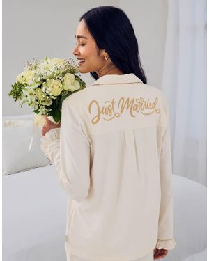 Chelsea Peers Bridal 'Just Married' Revere Nightwer Set With Ruffle Hem And Cuff - Natural