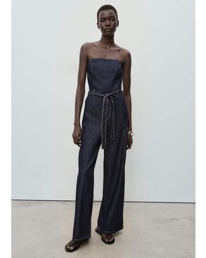 Mango Bandeau Belted Denim Jumpsuit - Blue
