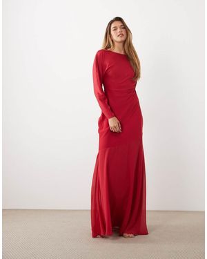 TFNC London Satin Bias Round Neck Asymmetric Chiffon Skirt Maxi Dress - Red