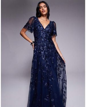 Goddiva Flared Sleeve Embroidered Maxi Dress - Blue