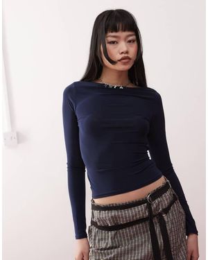 Collusion Tie Waist Long Sleeve Slash Neck Top - Blue