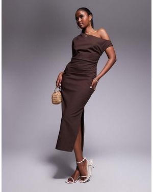 Kaiia Vestido Midi Marrón Con Hombro Caído Y Tirante Retorcido De Tejido Efecto Lino Exclusivo De - Morado