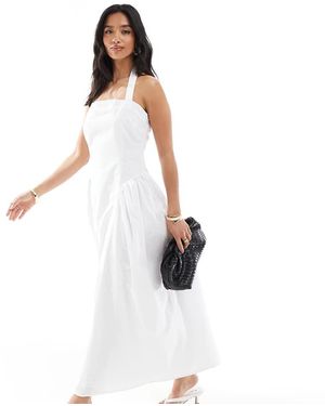 4th + Reckless Petite Poplin Square Neck Halterneck Drop Waist Puff Skirt Maxi Dress - White