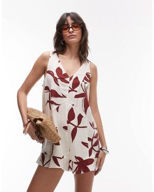 TOPSHOP Playsuit Van Linnenmix Met Diepe V En Rode Bladprint - Roze