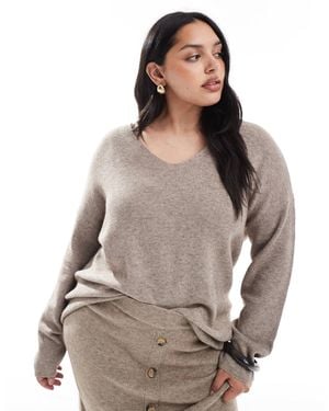 ONLY V-neck Loose Ribbed Sweater - Gray