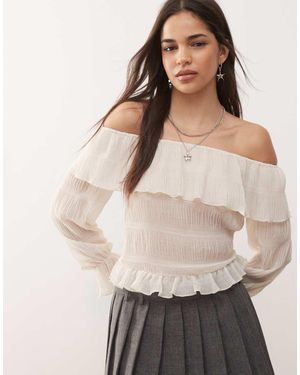 Motel Blusa Blanco De Manga Larga Con Escote Bardot Con Volante Kalena De - Neutro