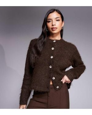 The Frolic Exclusive Fluffy Knit Button Through Cardigan - Brown