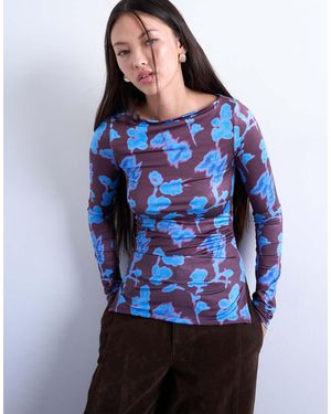 TOPSHOP Abstract Floral Print Slash Neck Long Sleeve Top - Blue