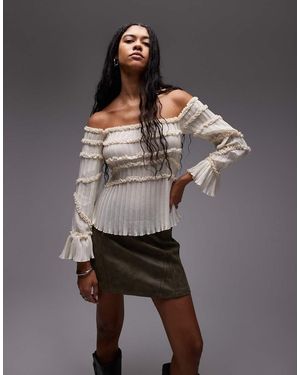 laagam Petra Off Shoulder Sheer Textured Blouse - Grey