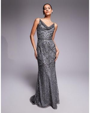 Beauut Fully Embellished Beaded Cami Cowl Neck Train Maxi Dress - Gray