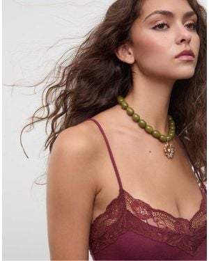 Stradivarius Cotton Bodysuit With Lace Detail - Brown