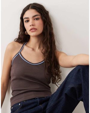 ASOS Ribbed V Neck Halter Top With Contrast Piping - Black