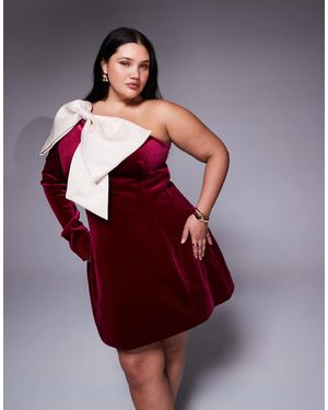 ASOS Curve One Shoulder Velvet Mini Dress With Bow Detail - Red