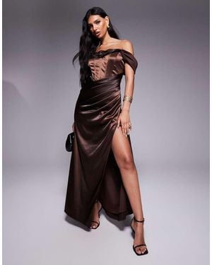 TFNC London Drop Shoulder Satin Corset Maxi Dress - Brown