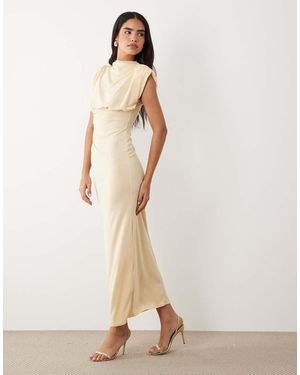 ASOS Ruched Detail Shoulder Pad Midi Dress - Natural