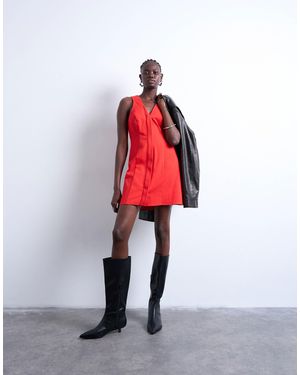 TOPSHOP V Neck Clean Placket Structu Mini Dress - Red
