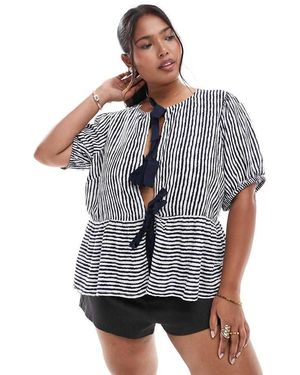 Pieces Plus Pieces Curve Tie Front Short Sleeve Peplum Hem Top - Blue