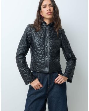 Miss Selfridge Leather Look Floral Quilt Jacket With Frill Collar - Blue