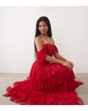 LACE & BEADS Tulle Off Shoulder Asymmetric Ruffle Detail Maxi Dress - Red