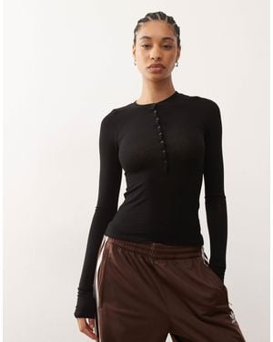 Weekday Long Sleeve Henley T-Shirt - Black