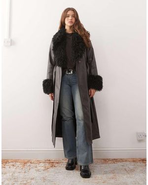 Reclaimed Vintage Longline Leather Look Trench Coat With Faux Fur Collar And Cuffs - Black